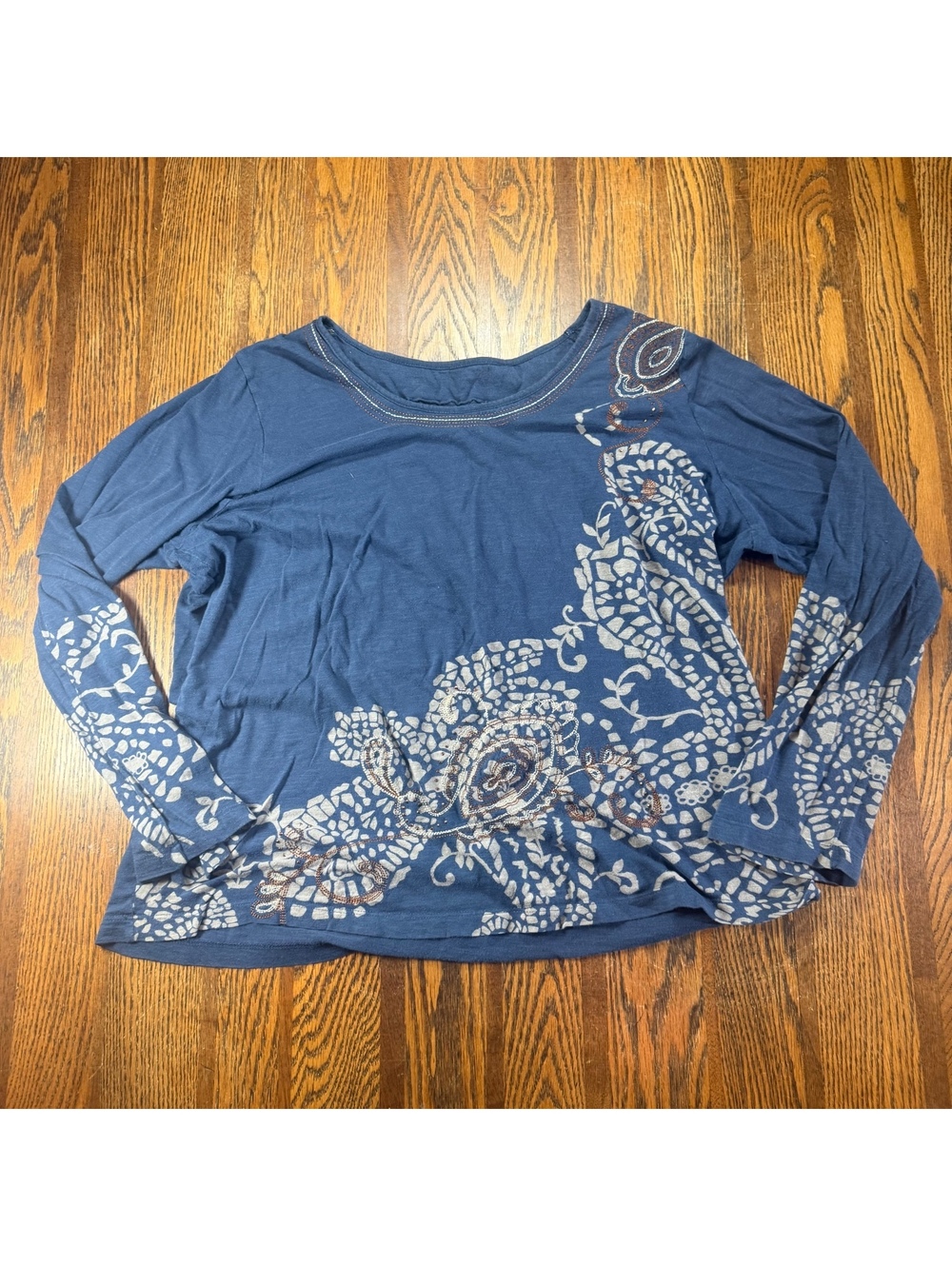 Coldwater Creek Blue Long Sleeve Top White Paisley Floral Graphic Rhinestone XL
